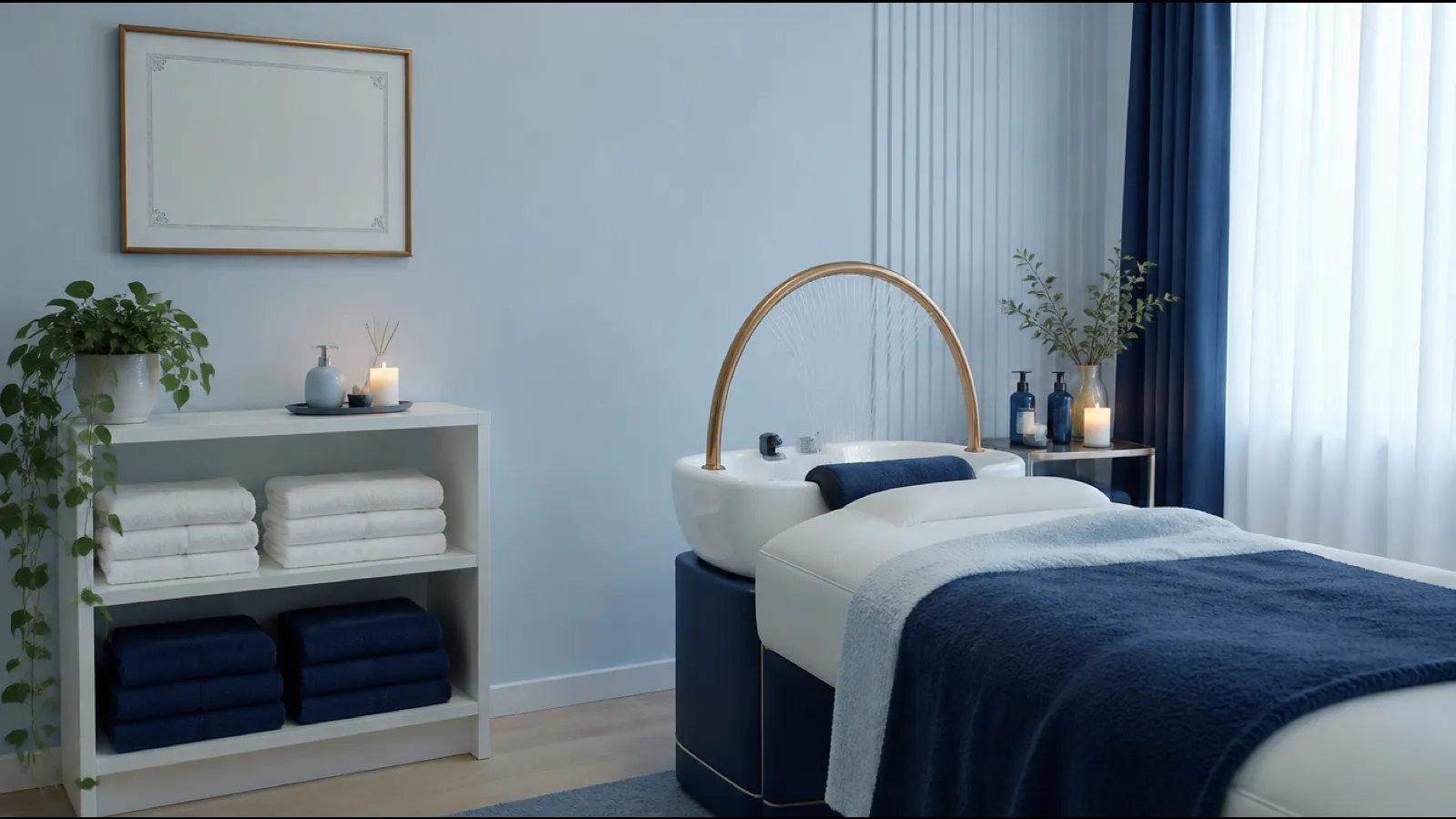 Empty head spa treatment room with a water arch basin, a blank framed certificate on the wall and folded towels