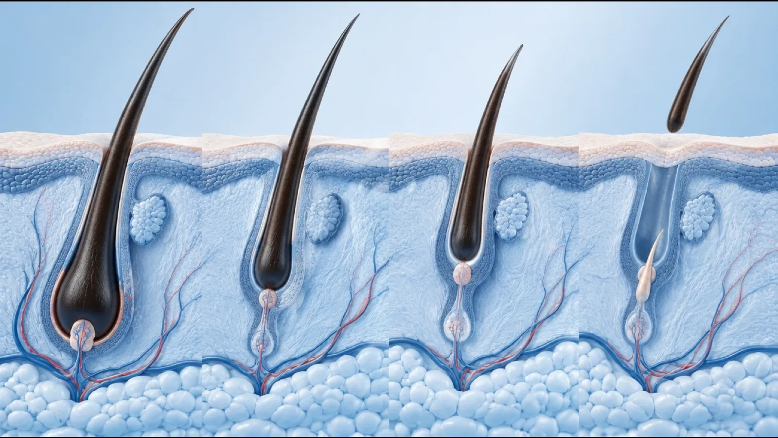Illustration of a hair follicle in cross section across the growth, transition, resting and shedding stages