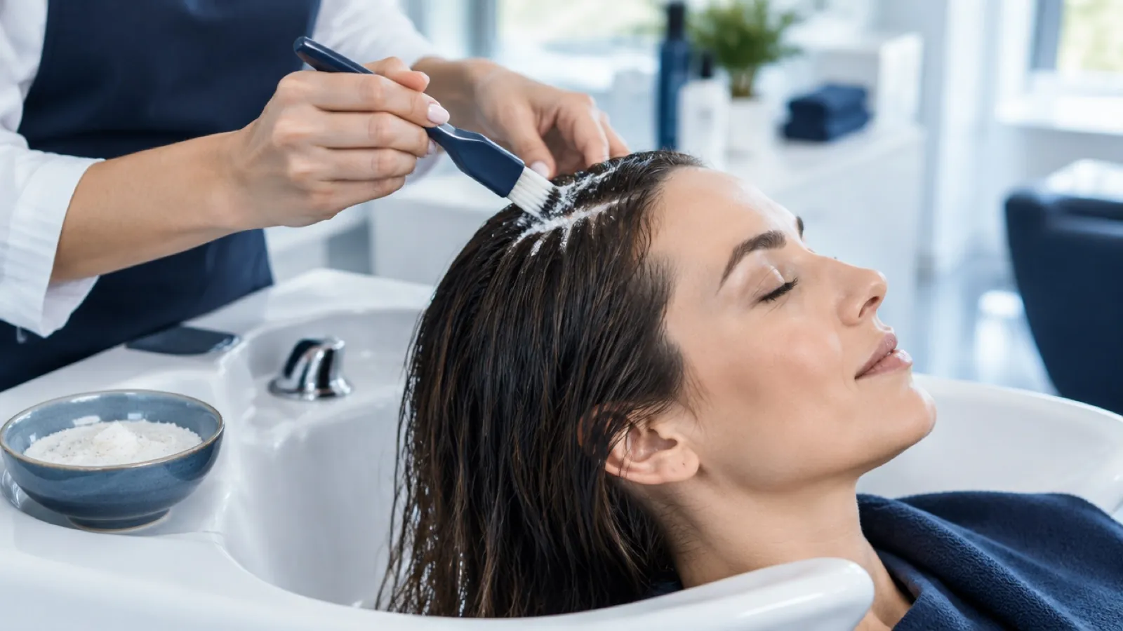 Professional applying a cosmetic scalp scrub along a hair parting