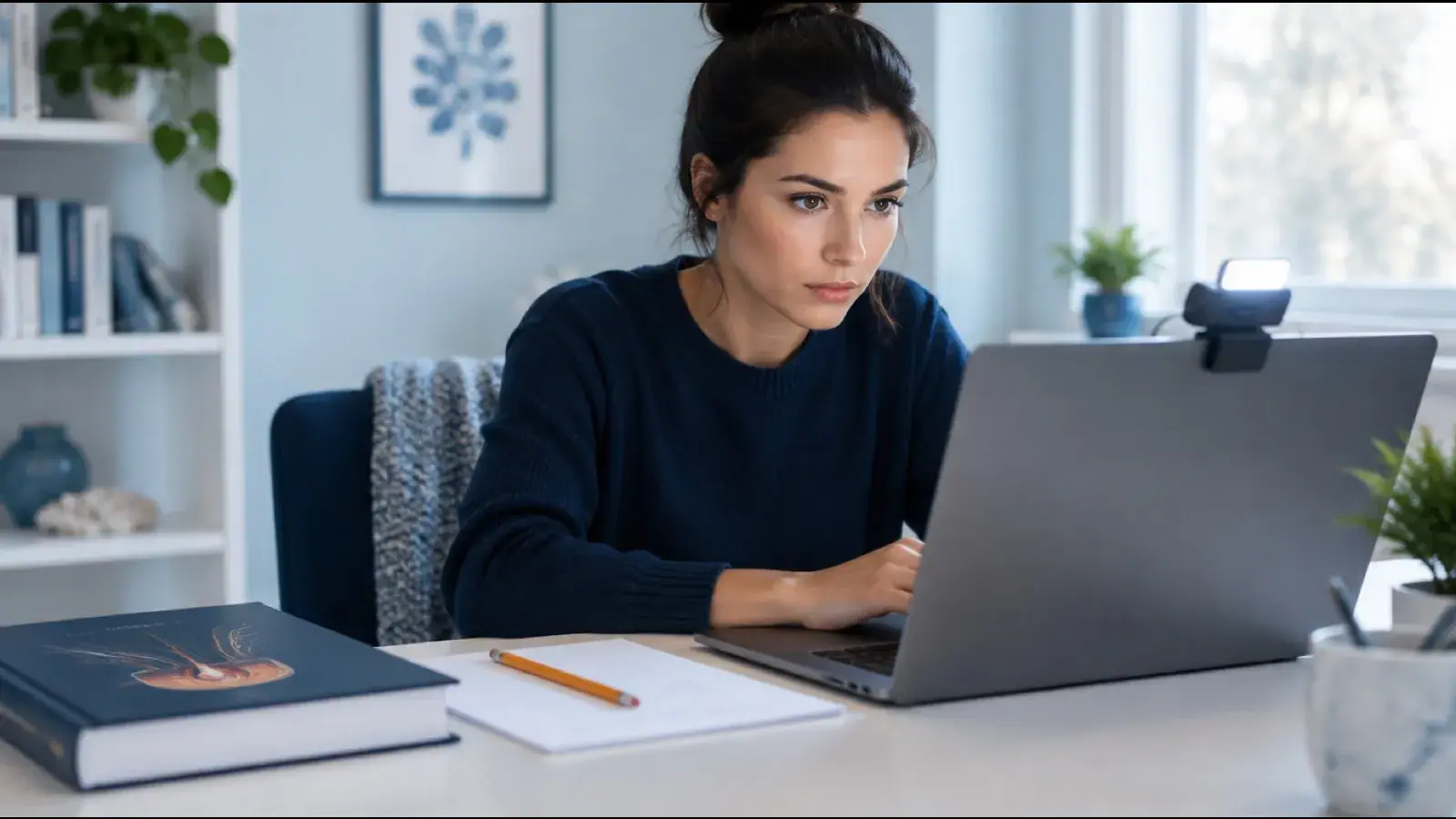 Student taking an online certification exam on a laptop with a webcam, beside a trichology textbook and notes