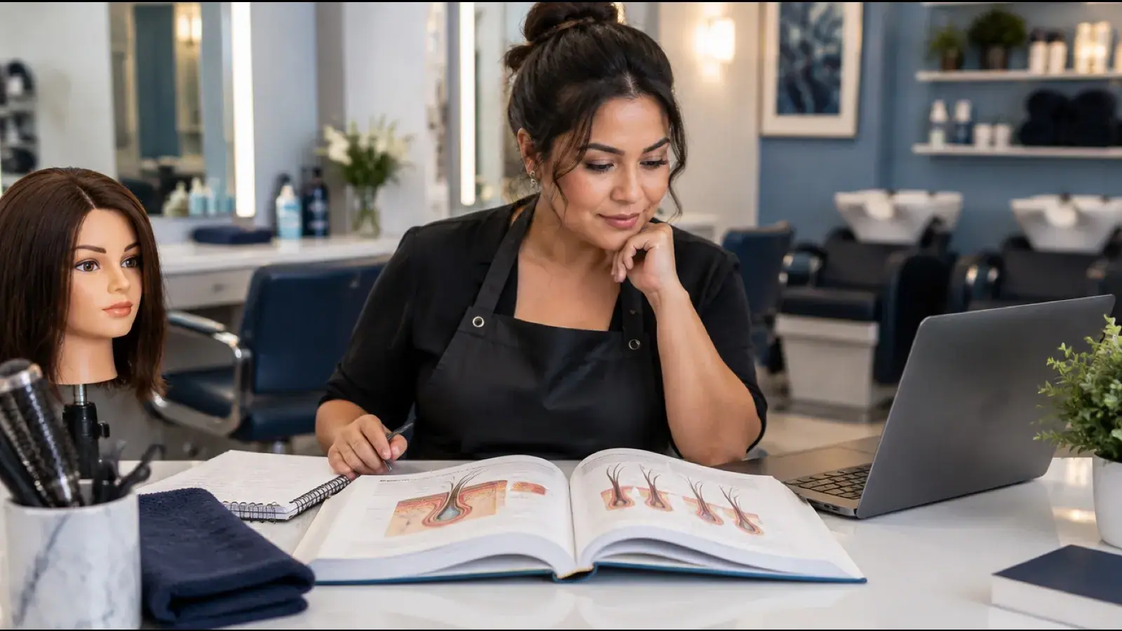 Cosmetologist in a black apron studying a hair follicle anatomy textbook at a salon station beside a mannequin head and laptop