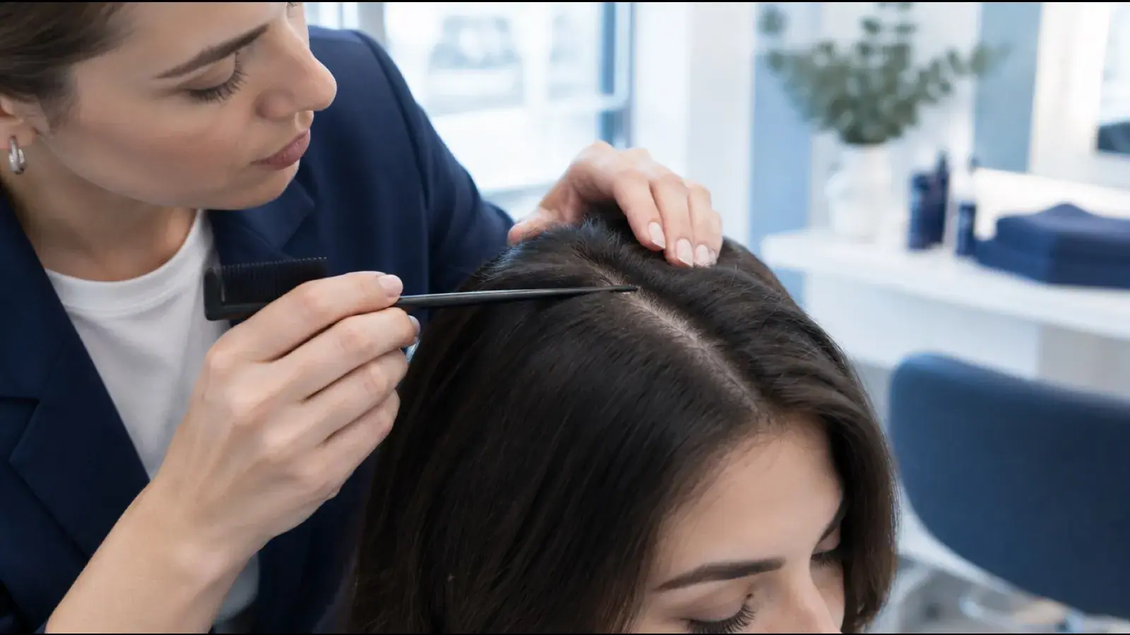 Stylist using a tail comb to part a client's hair and inspect the scalp for flakes or buildup