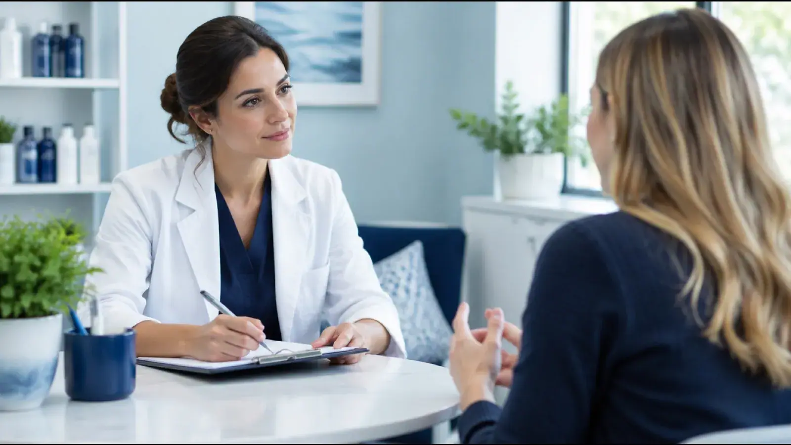 Trichologist in a white coat taking notes on a clipboard while listening to a client during a consultation