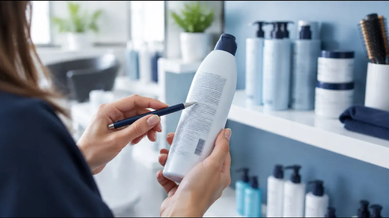 Hair professional pointing a pen at the ingredient list on the back of a shampoo bottle beside a product shelf