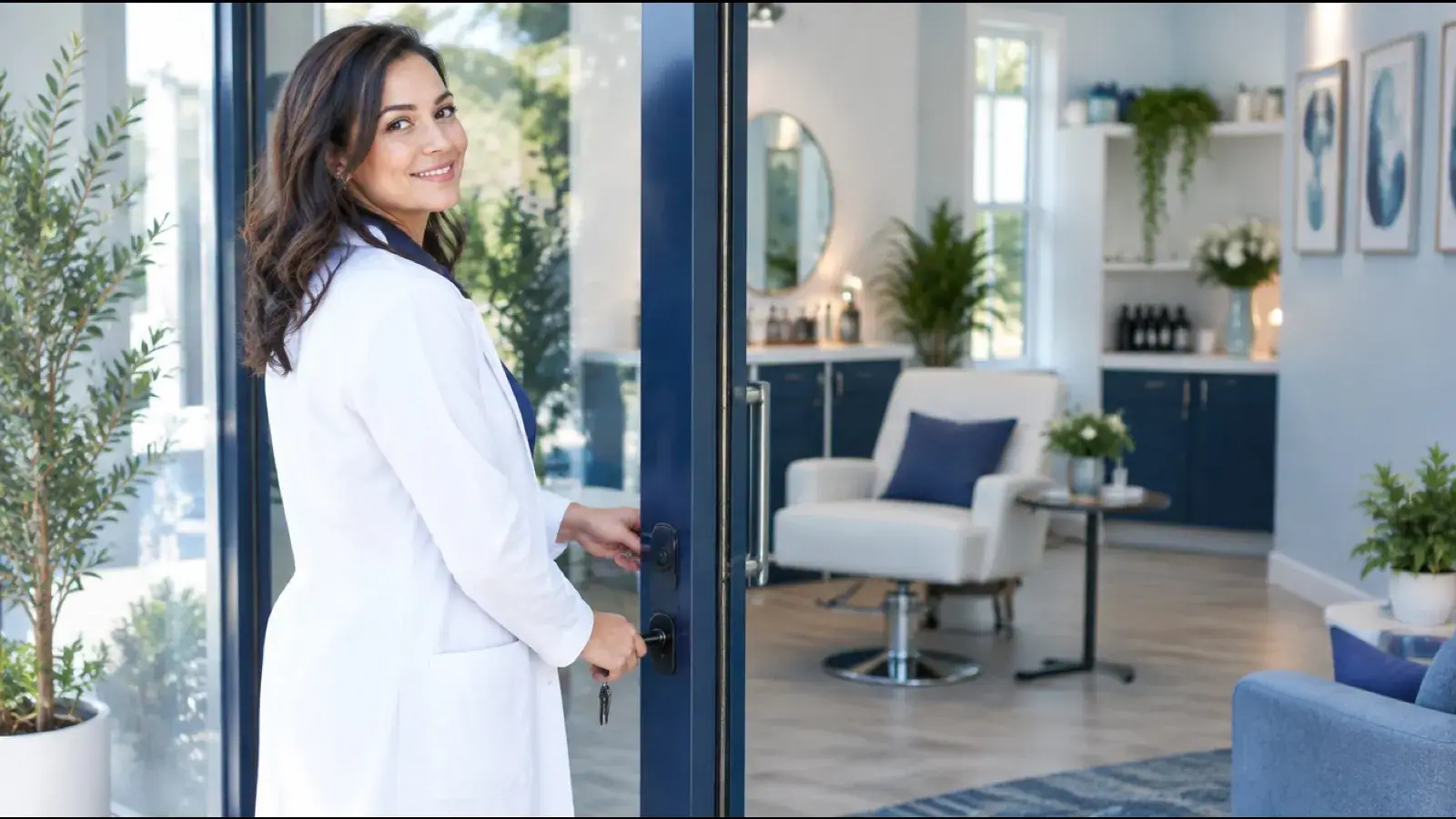 Trichologist in a white coat unlocking the door of her new trichology studio with a consultation chair inside