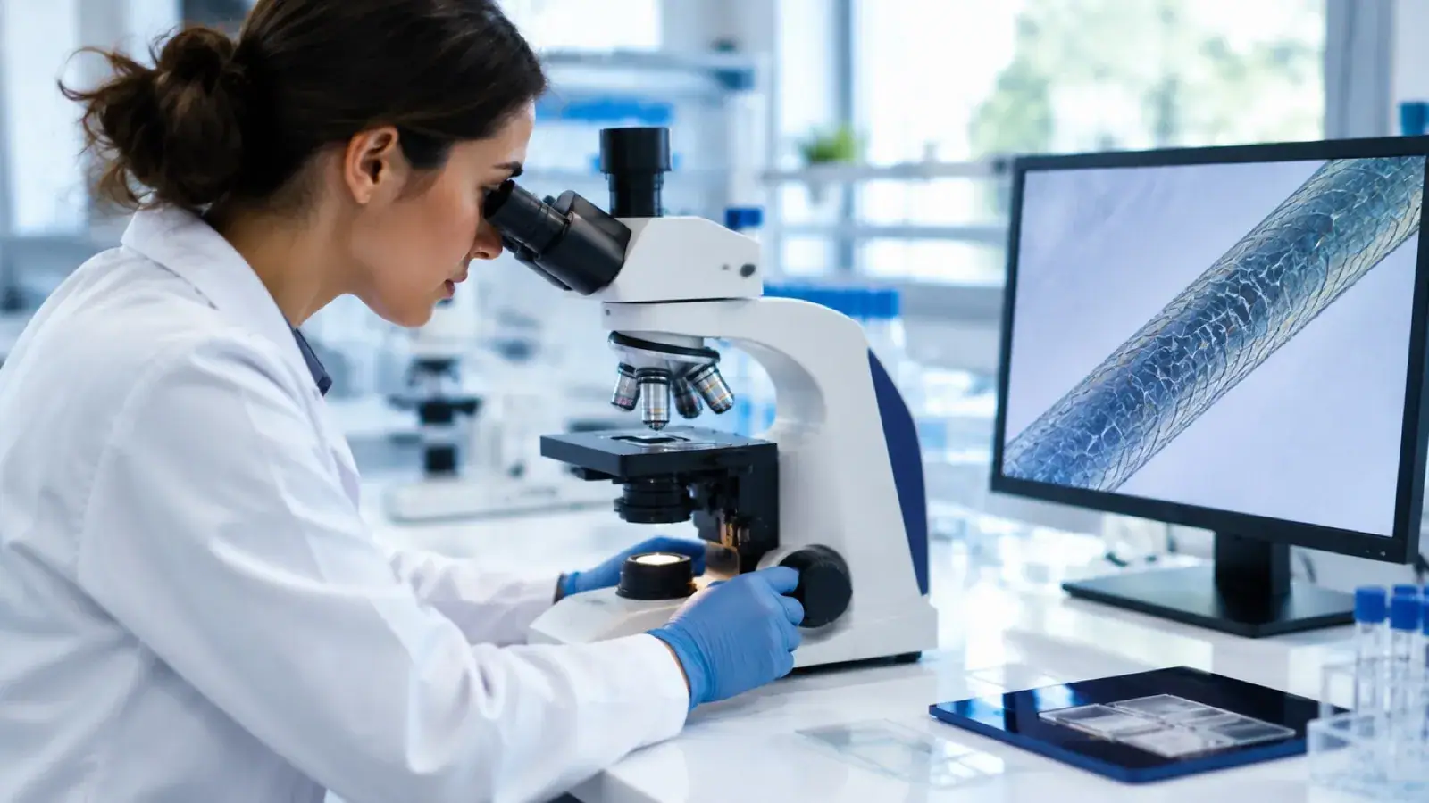 Researcher viewing a magnified hair shaft with a laboratory microscope
