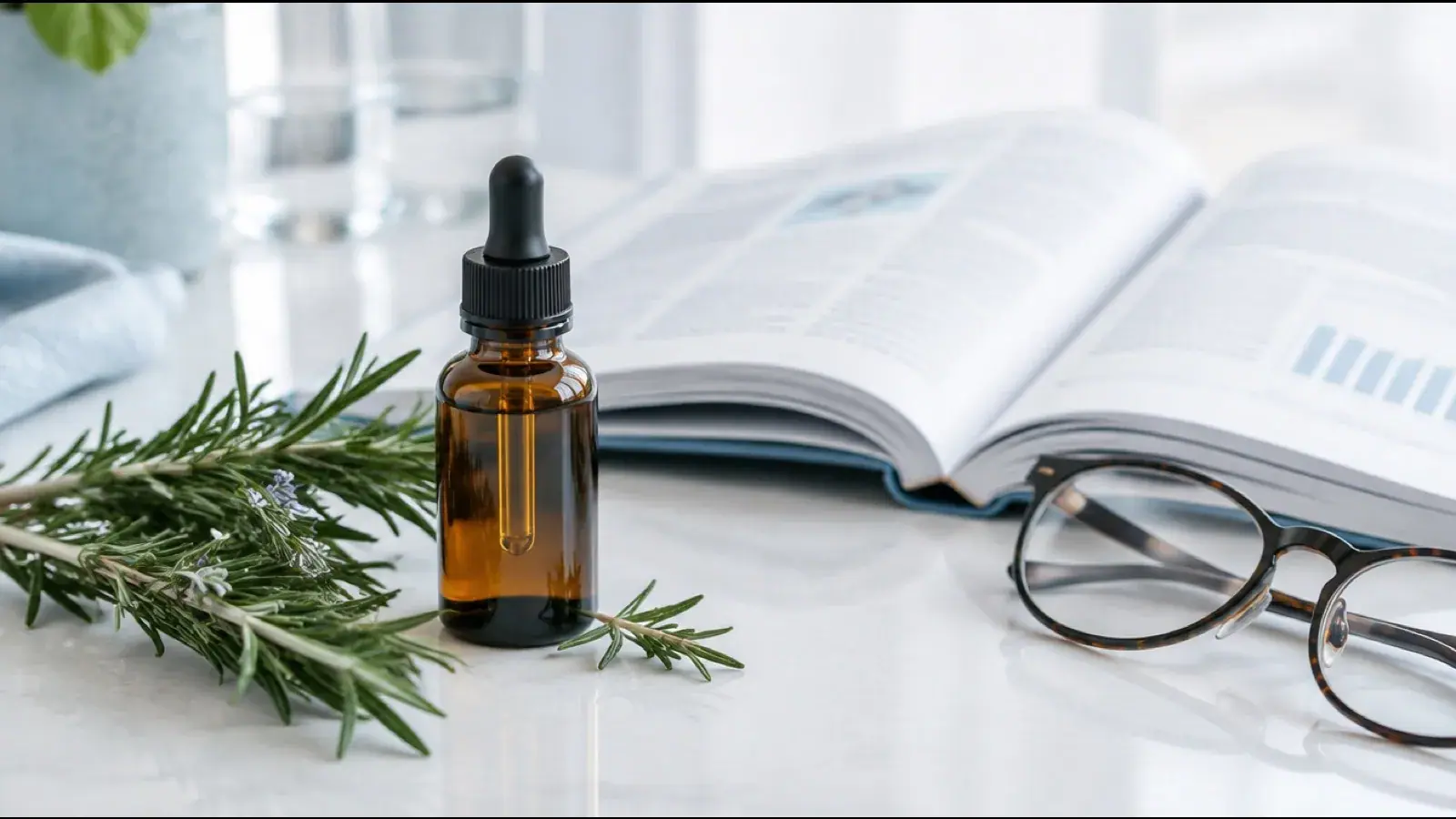 Amber dropper bottle of rosemary oil beside fresh rosemary sprigs, an open research journal and reading glasses