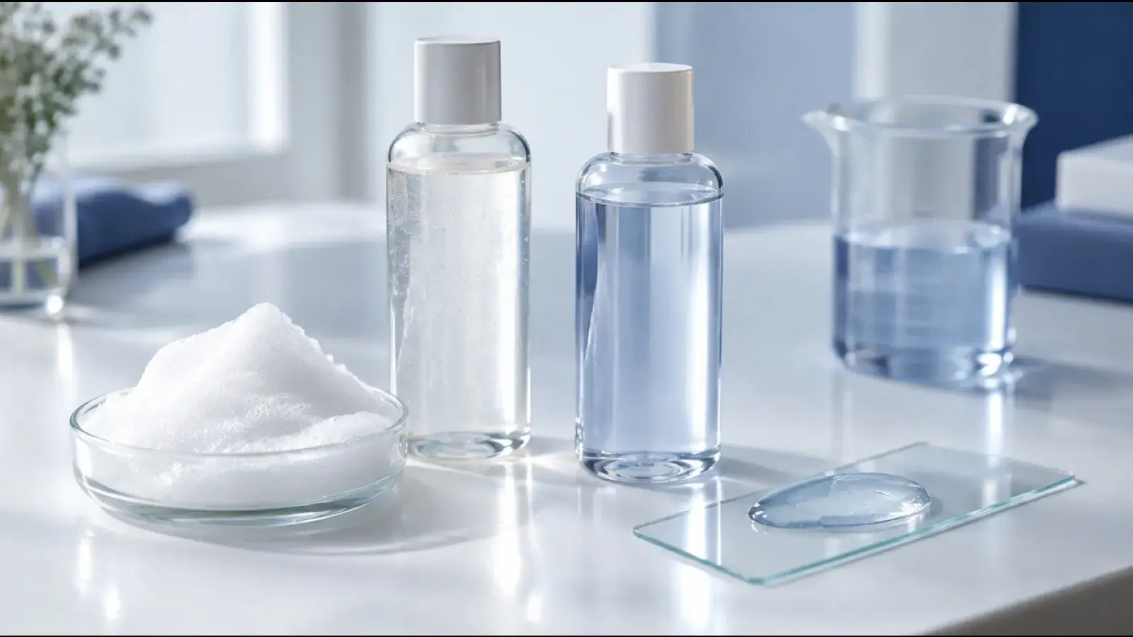 Clear bottles of cleansing and conditioning liquids beside a dish of lather and a glass slide with a silicone droplet