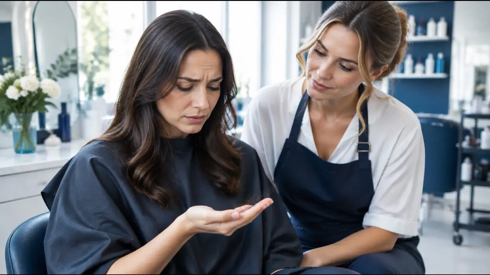 Worried client looking at shed hair in her palm while her stylist listens beside her in the salon