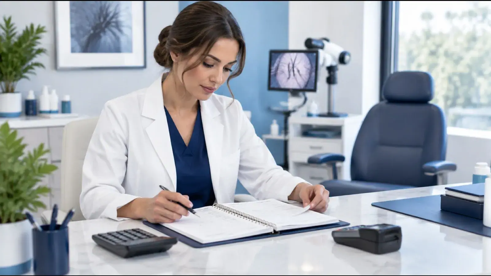 Trichologist in a white coat reviewing a planner with a calculator and card reader at her clinic desk