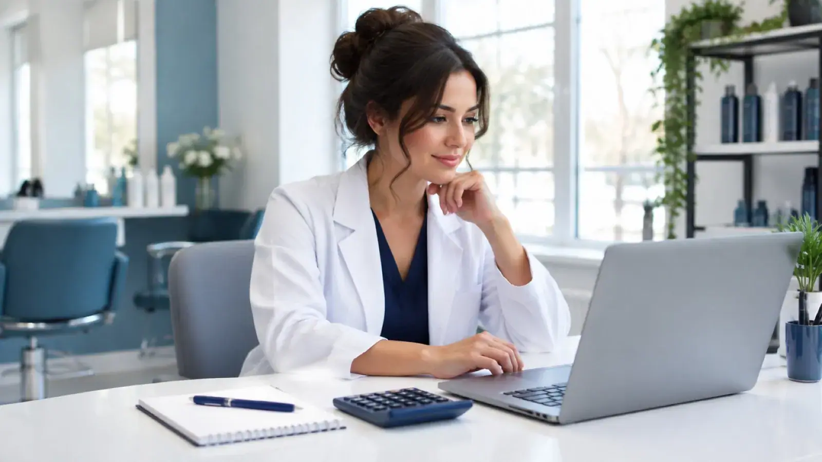 Trichologist in a white coat at a salon desk reviewing course costs on a laptop beside a calculator and notebook