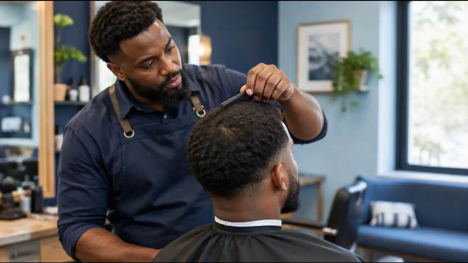 Barber in a navy apron combing a client's hair and checking the crown in a barbershop