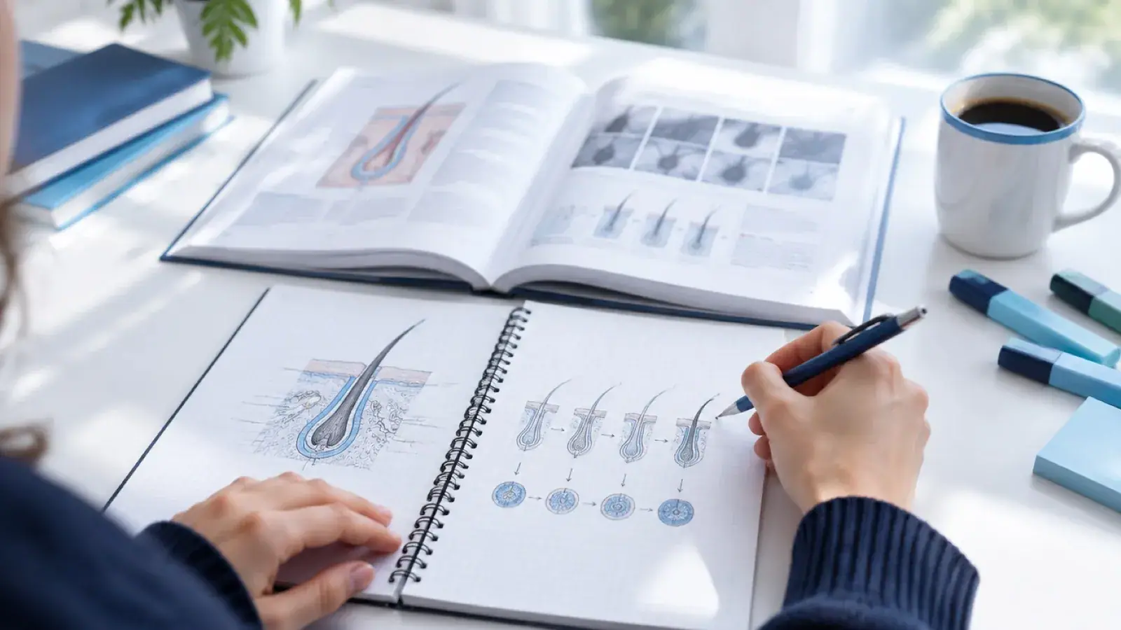 Student drawing hair follicle and growth cycle diagrams in a notebook