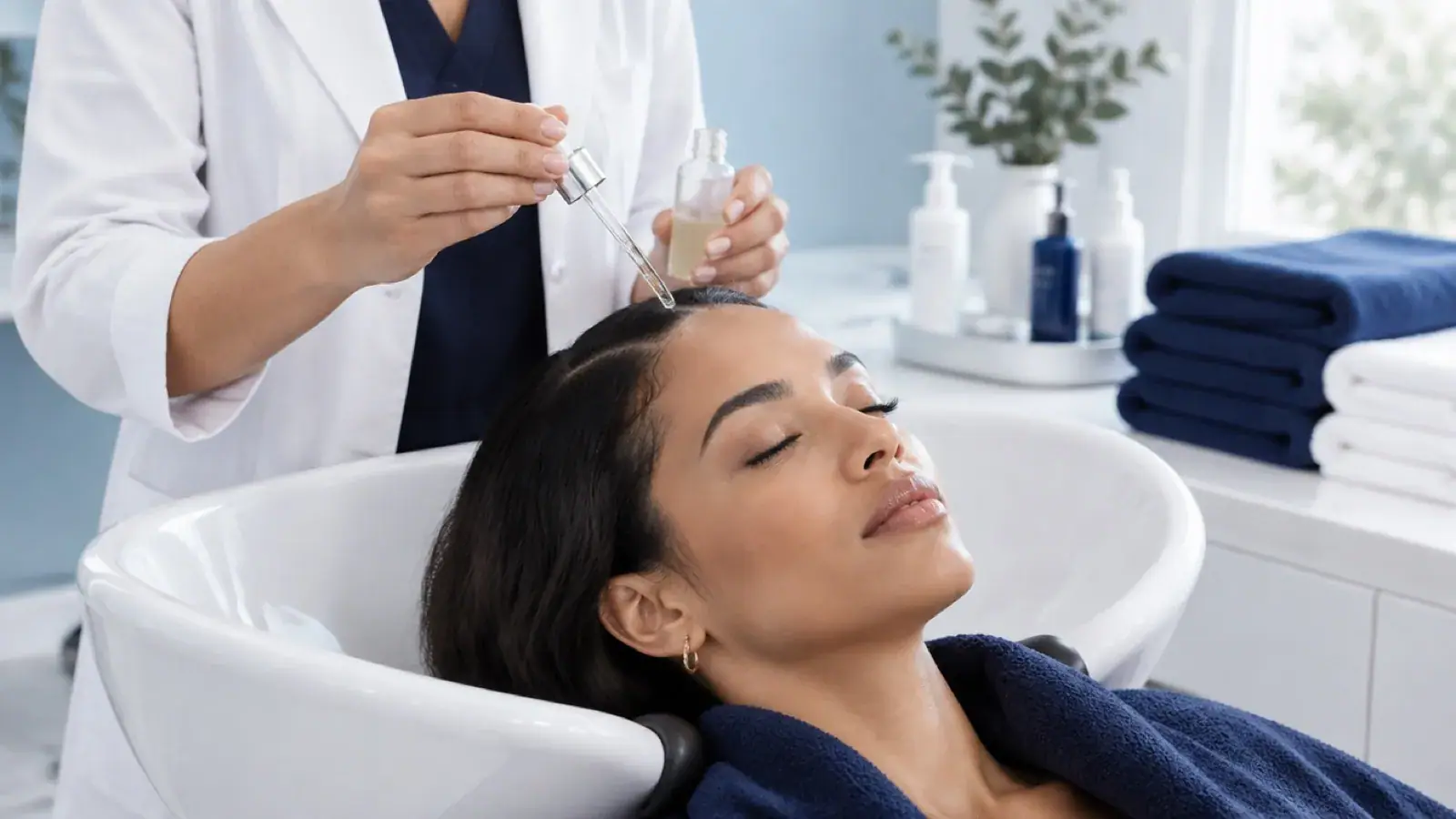 Professional applying a cosmetic scalp serum to a client at a salon basin
