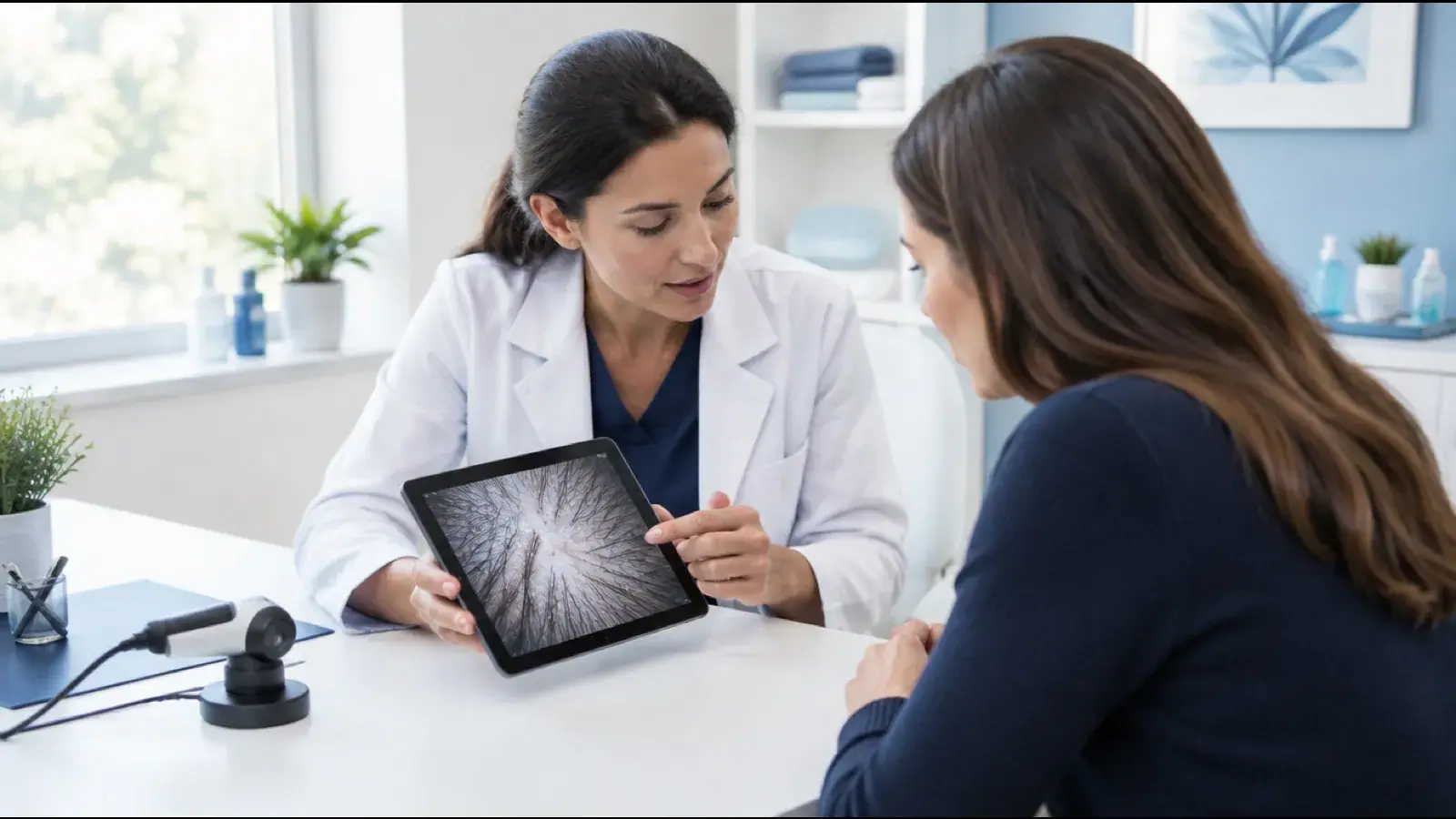Trichologist showing a client a magnified scalp image on a tablet during a consultation
