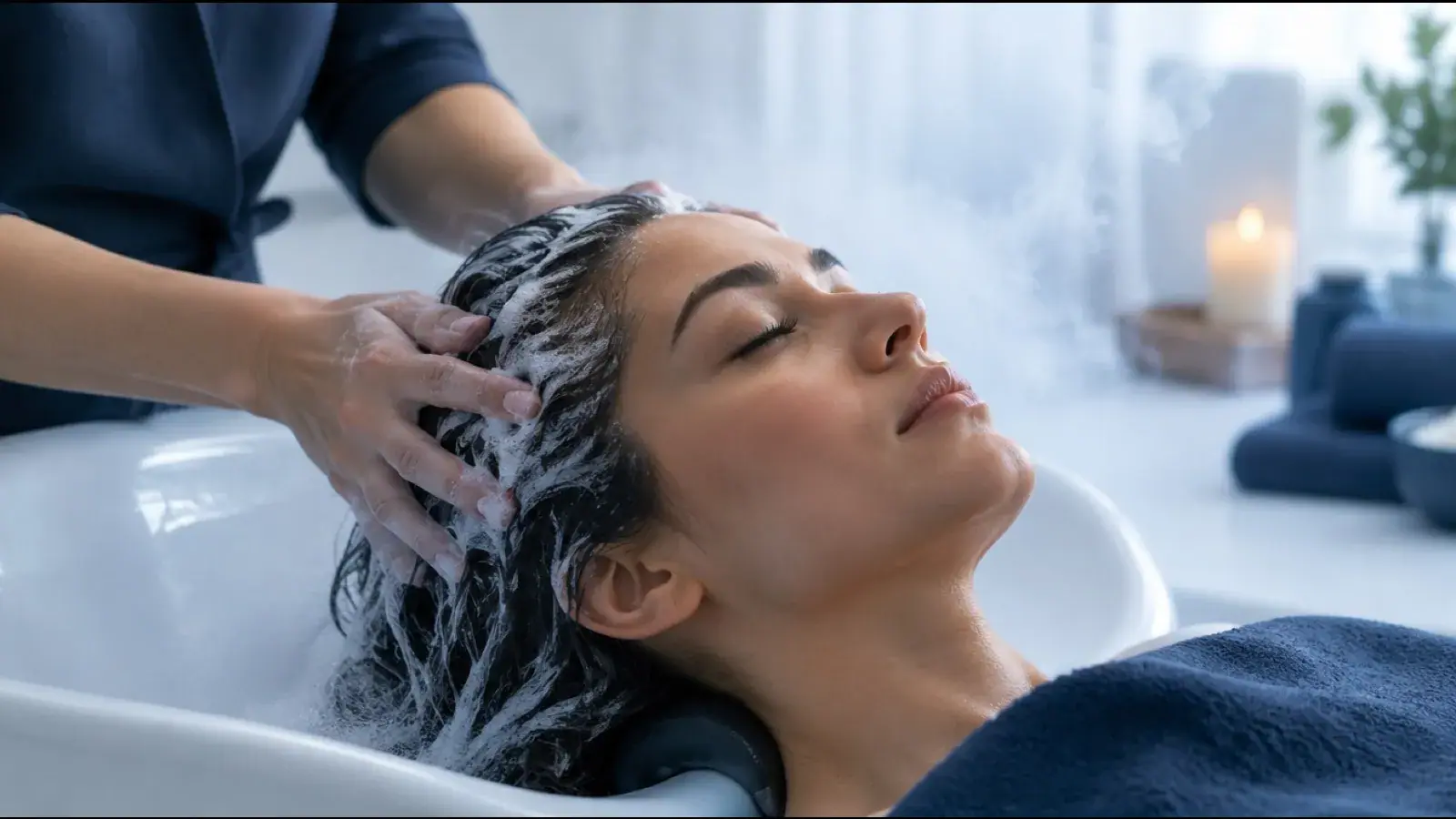Relaxed client with eyes closed receiving a lathered scalp massage at a steaming head spa basin