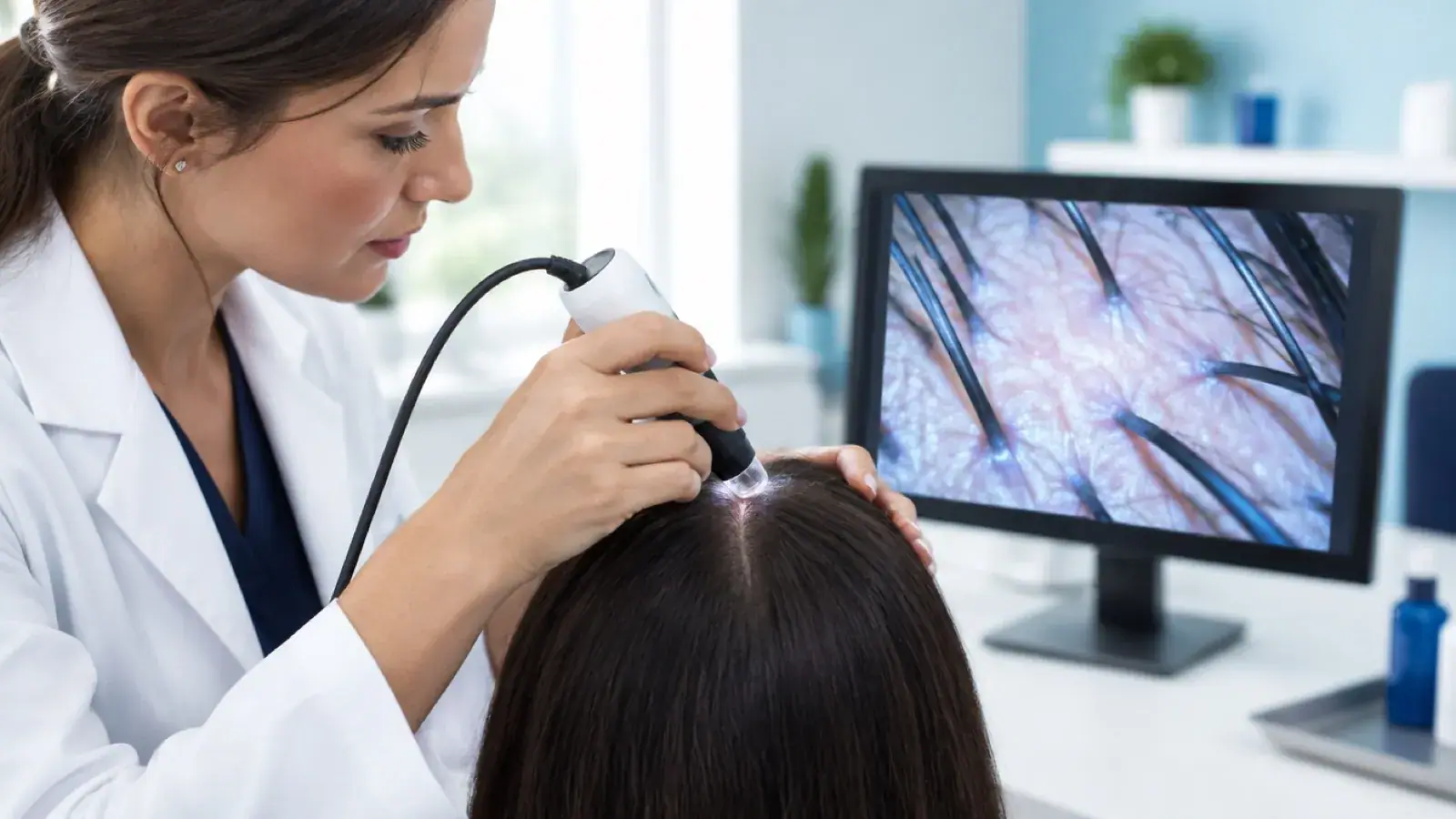 Professional using a handheld scalp scope with the magnified scalp shown on a monitor